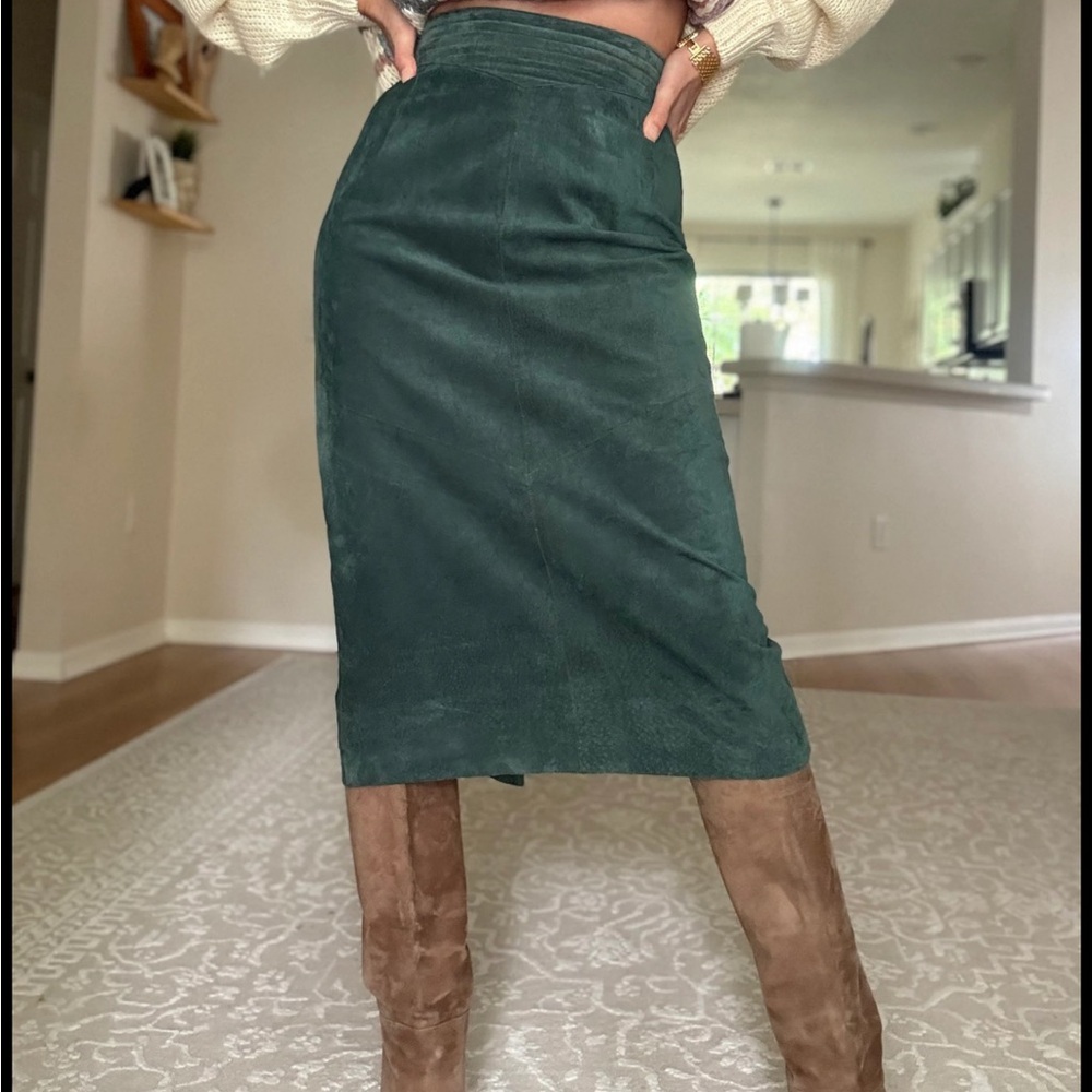 Christopher & Banks Green Pencil Suede Midi Skirt